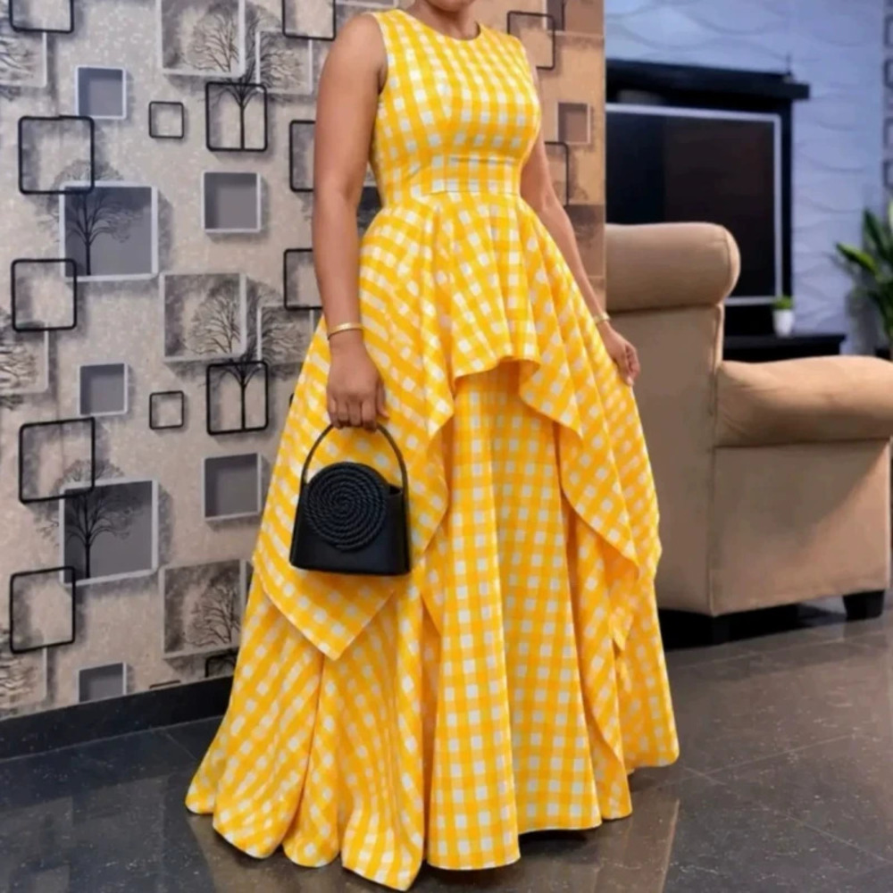 African Style Sleeveless Patchwork Plaid High Waist Flared Maxi Dress